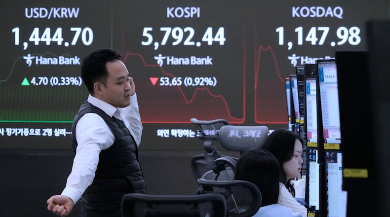 A currency trader stretches near a screen showing the Korea Composite Stock Price Index (KOSPI), center, and the foreign exchange rate between U.S. dollar and South Korean won, left, at the foreign exchange dealing room of the Hana Bank headquarters in Seoul, South Korea, Tuesday, Feb. 24, 2026. (AP Photo/Ahn Young-joon)