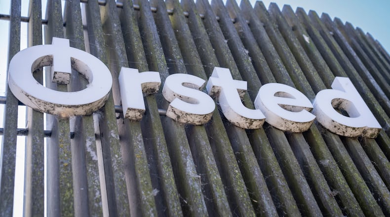 FILE - The logo for the Danish company Orsted is displayed on the exterior of the Avedore Power Station in Hvidovre, Copenhagen, Aug. 19, 2025. (Sebastian Elias Uth/Ritzau Scanpix via AP, File)
