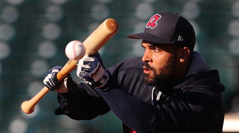 February 17, 2017, Lake Buena Vista, FL: Braves infielder Micah Johnson pratices bunting during spring training at Champion Stadium on Friday Feb. 17, 2017, at the ESPN Wide World of Sports in Lake Buena Vista. Curtis Compton/ccompton@ajc.com