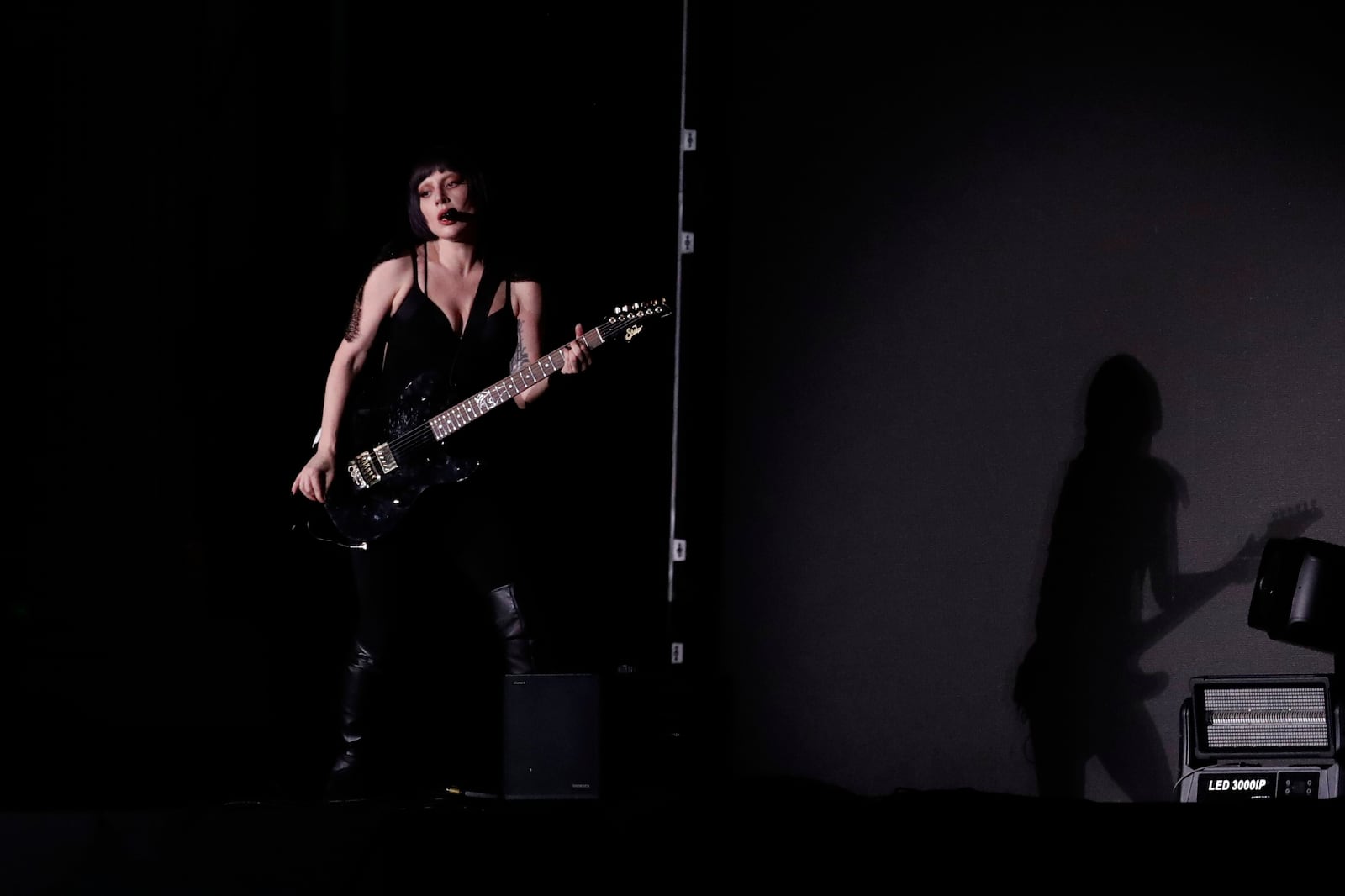 Lady Gaga takes part in a rehearsal a day ahead of her free concert, on Copacabana beach, in Rio de Janeiro, Friday, May 2, 2025. (AP Photo/Bruna Prado)