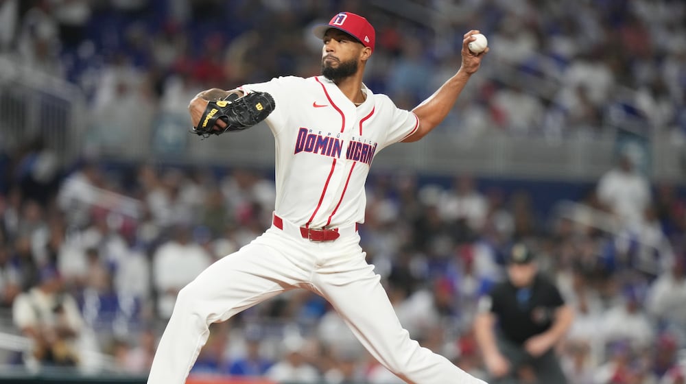 Dominican Republic pitcher Cristopher Sánchez throws during the first inning of a World Baseball Classic game against Nicaragua, Friday, March 6, 2026, in Miami. (AP Photo/Lynne Sladky)