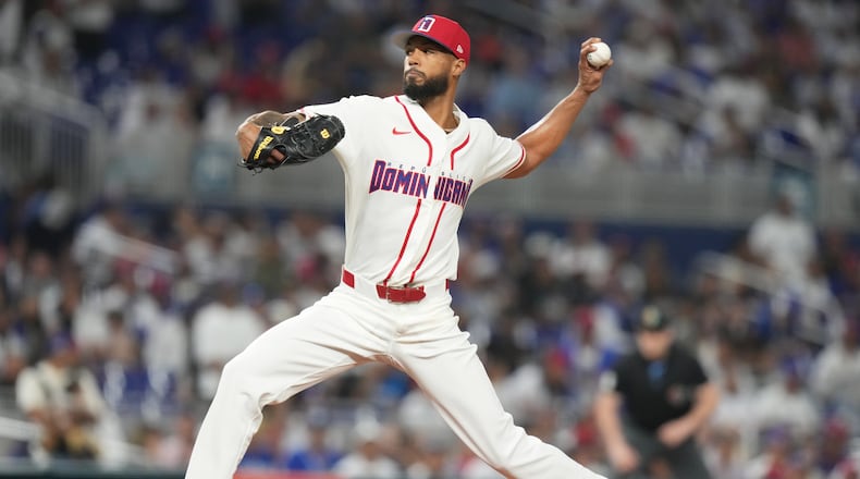 Dominican Republic pitcher Cristopher Sánchez throws during the first inning of a World Baseball Classic game against Nicaragua, Friday, March 6, 2026, in Miami. (AP Photo/Lynne Sladky)