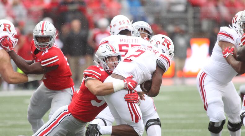 Nick Bosa makes a tackle for Ohio State on Saturday against Rutgers.