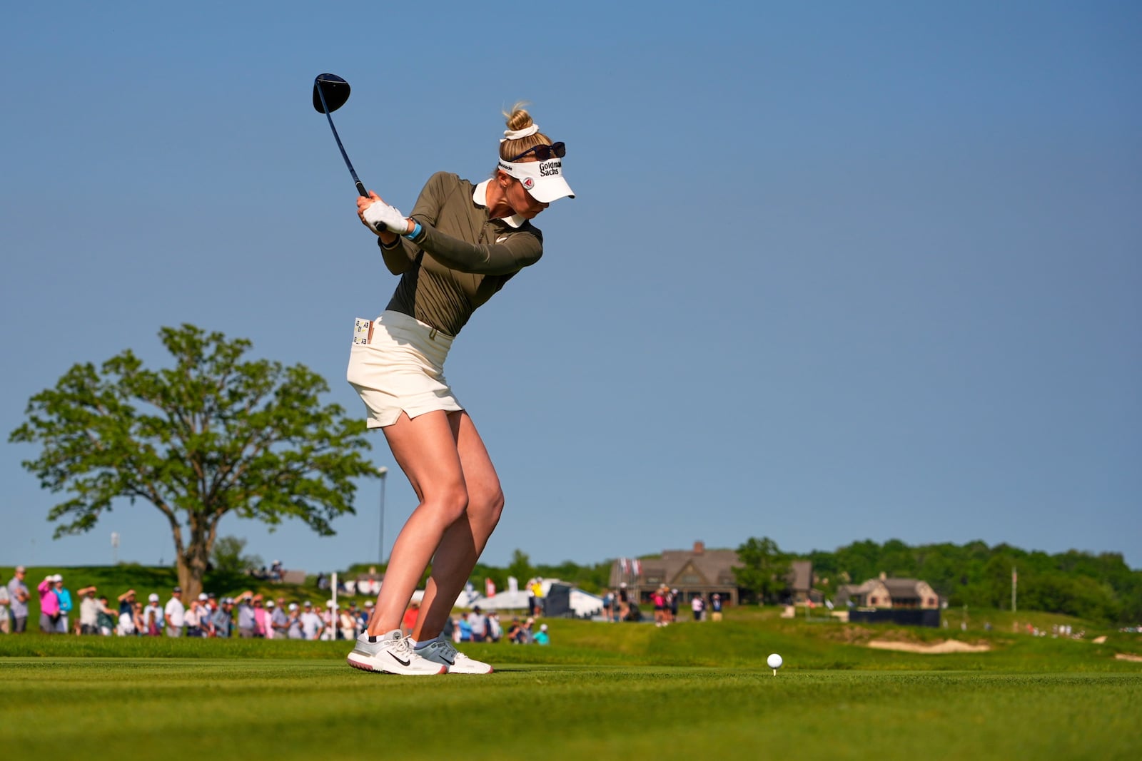 Nelly Korda hits from the 18th tee during the fourth round of the U.S. Women's Open golf tournament at Erin Hills Sunday, June 1, 2025, in Erin, Wis. (AP Photo/Matt York)