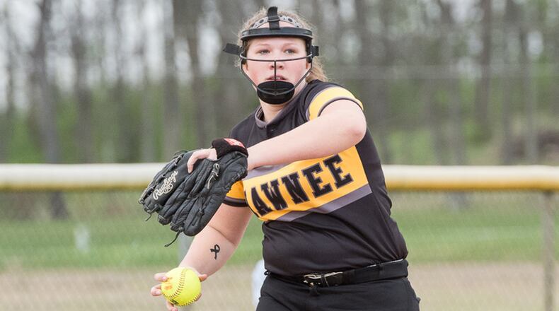 Shawnee senior pitcher Mary Britton throws to first base during a game against Kenton Ridge on April 10. Britton has a 2.95 ERA for the Braves and is third on the team with 30 RBIs. BRYANT BILLING / CONTRIBUTED