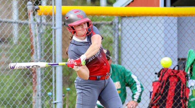 Southeastern High School senior Rylee Harrington swings at a pitch during their game against Madison Plains on Monday, April 29. MICHAEL COOPER / CONTRIBUTED