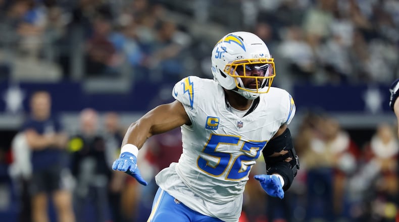 FILE -Los Angeles Chargers linebacker Khalil Mack (52) rushes during a NFL football game against the Dallas Cowboys on Sunday, Dec. 21, 2025, in Arlington, Texas. (AP Photo/Matt Patterson, File)