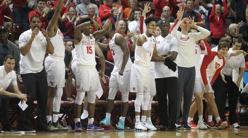 Dayton reacts to a 3-pointer against Ohio on Friday, Nov. 17, 2017, at TD Arena in Charleston, S.C.
