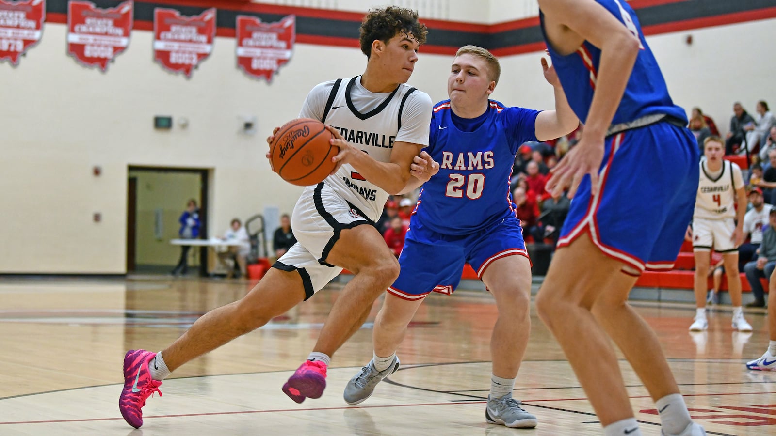 Cedarville's Nate Van Loo drives past Greeneview's Talon Thacker during Friday night's Ohio Heritage Conference game at Cedarville. Jeff Gilbert/CONTRIBUTED