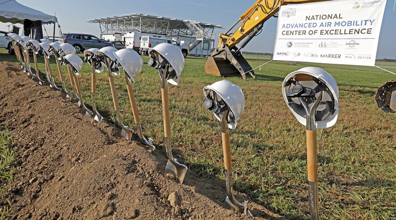 Officials broke ground in August 2022 on the National Advanced Air Mobility Center of Excellence at Springfield-Beckley Municipal Airport. The building, a key for research and future jobs, should be complete later this year. BILL LACKEY/STAFF