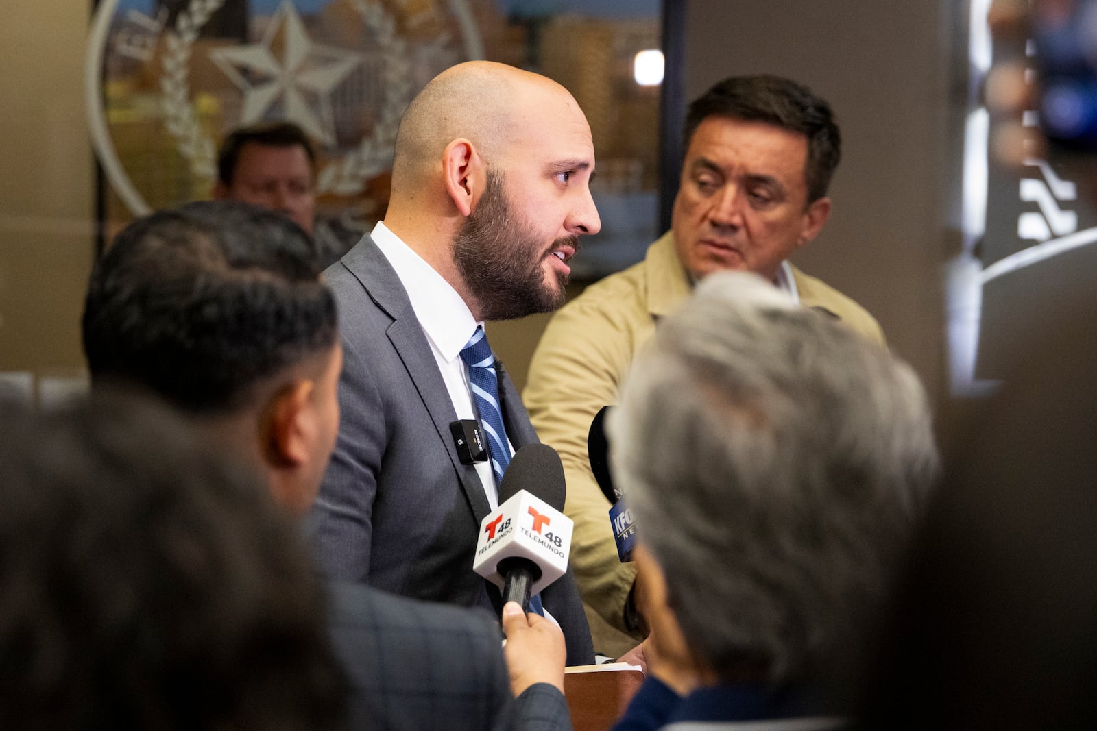 El Paso District Attorney James Montoya talks to media outside the 409th District Court after Patrick Crusius pleaded guilty in the death of 23 people in the Aug. 3. 2019 Walmart Mass shooting, Monday, April 21, 2025, in El Paso, Texas. (AP Photo/Ivan Pierre Aguirre)