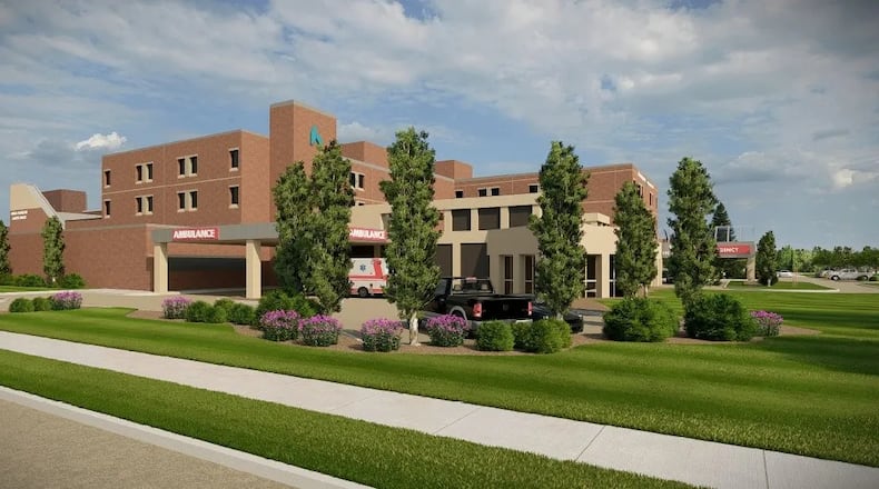 A rendering of what will be the updated exterior of Kettering Health Greene Memorial hospital in Xenia. CONTRIBUTED