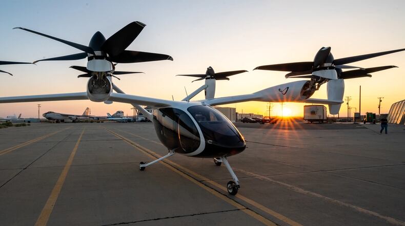 A Joby Aviation, Inc. experimental electronic vertical take-off and landing aircraft is parked at taxi way following a ground test at Edwards Air Force Base, California, Sept. 20. The Emerging Technologies Integrated Test Force will be the lead Air Force unit who will be conducting flight tests on the aircraft. (Air Force photo by Harlan Huntington)