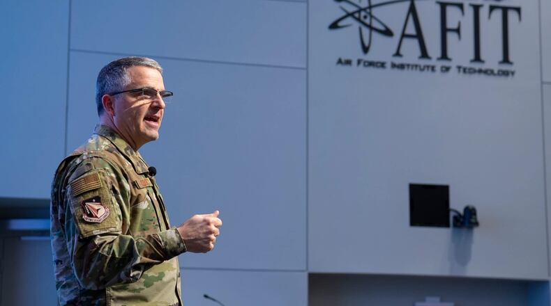 Maj. Gen. William Cooley, former Air Force Research Laboratory commander, gave the keynote presentation at the Air Force Institute of Technology Centennial Symposium in November 2019. Air Force photo
