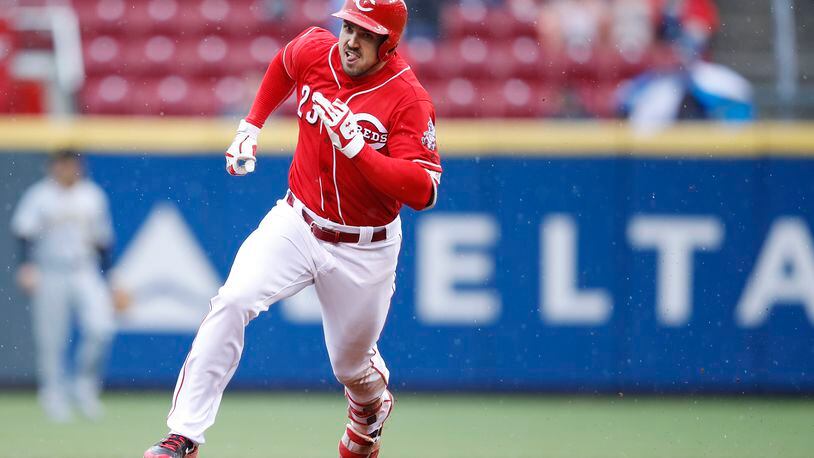 CINCINNATI, OH - MAY 04: Adam Duvall #23 of the Cincinnati Reds rounds second base on his way to a triple in the fifth inning of a game against the Pittsburgh Pirates at Great American Ball Park on May 4, 2017 in Cincinnati, Ohio. (Photo by Joe Robbins/Getty Images)