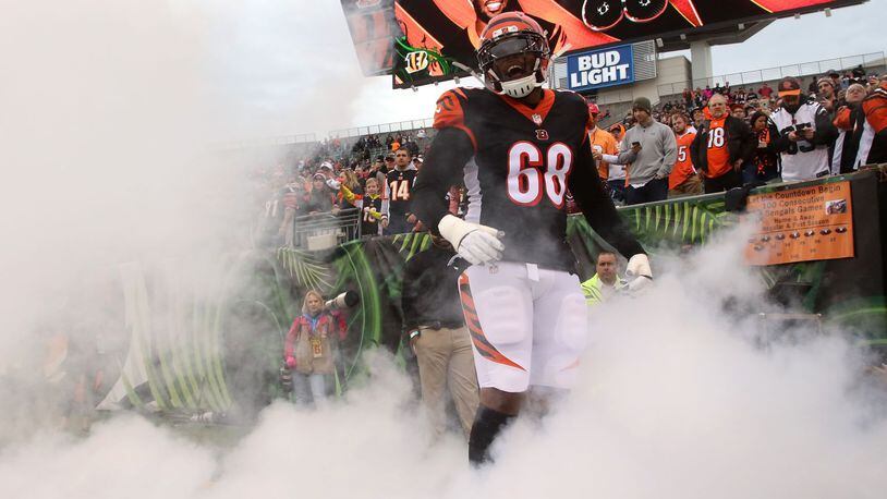 CINCINNATI, OH - OCTOBER 28: Bobby Hart #68 of the Cincinnati Bengals runs on to the field after being introduced to the crowd prior to the start of the game against the Tampa Bay Buccaneers at Paul Brown Stadium on October 28, 2018 in Cincinnati, Ohio. (Photo by John Grieshop/Getty Images)