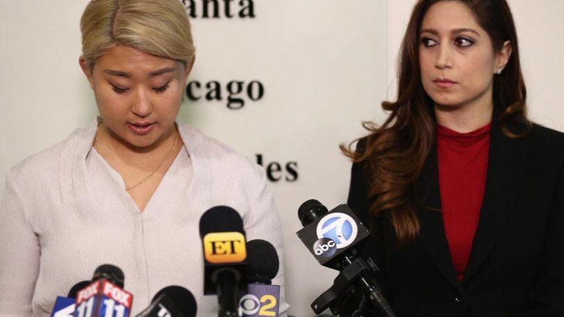 Youngjoo Hwang, left, speaks during a news conference with her attorney, Anahita Sedaghatfar.