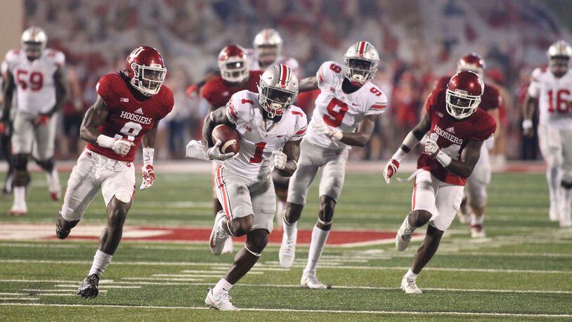 Ohio State's Johnnie Dixon scores a touchdown against Indiana on Thursday, Aug. 31, 2017, at Memorial Stadium in Bloomington, Ind.