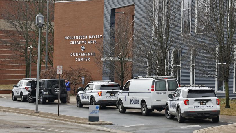 Springfield Police vehicles were parked in front of Clark State College's Hollenbeck Bayley Creative Arts and Conference Center Thursday, Feb. 16, 2023 following a bomb threat. BILL LACKEY/STAFF
