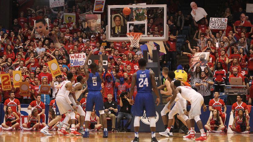 Davell Roby, of Saint Louis, shoots a free throw in front of the Dayton student section on Jan. 22, 2017, at UD Arena.
