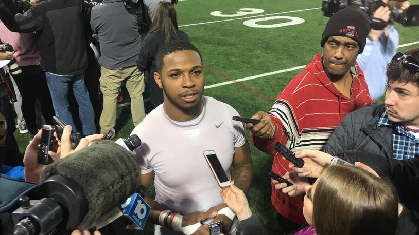 Ohio State's Antonio Williams talks to reporters on Monday, April 9, 2018, at the Woody Hayes Athletic Center in Columbus. David Jablonski/Staff