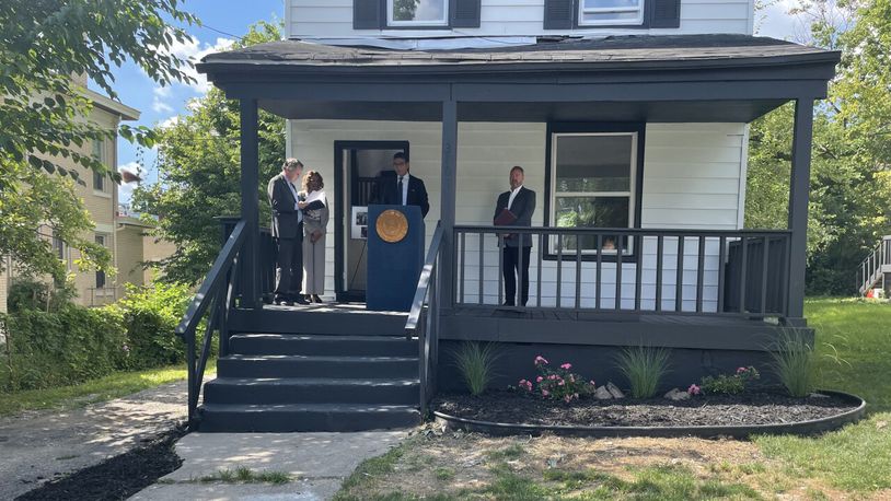 Ohio Sen. Sherrod Brown stood on the porch of a Cincinnati house owned by an out-of-state landlord who bought hundreds of properties in the area. He is proposing legislation that would stop these types of landlords from owning the house in the first place. WCPO/CONTRIBUTED