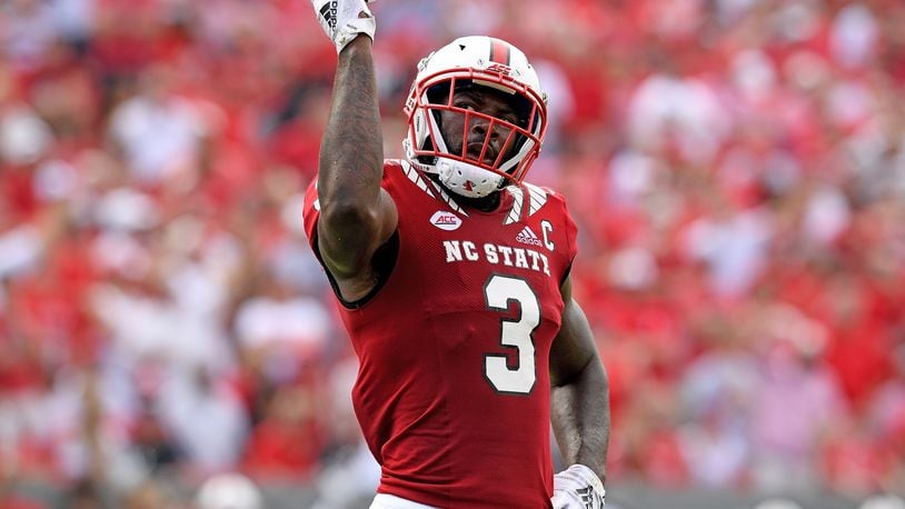RALEIGH, NC - OCTOBER 06: Germaine Pratt #3 of the North Carolina State Wolfpack reacts after recoving a fumble by the Boston College Eagles during their game at Carter-Finley Stadium on October 6, 2018 in Raleigh, North Carolina. North Carolina State won 28-23. (Photo by Grant Halverson/Getty Images)