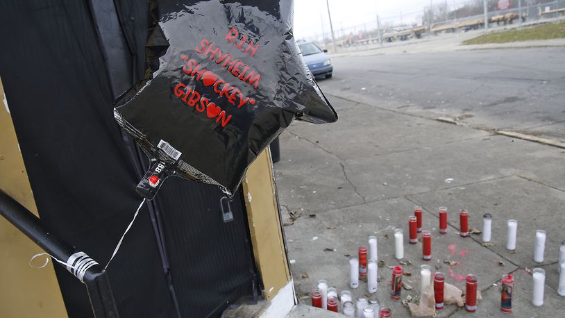 A memorial has been erected outside Club Hollywood on East Pleasant Street for Shyheim Gibson, who was shot and killed at the club last Thursday. BILL LACKEY/STAFF