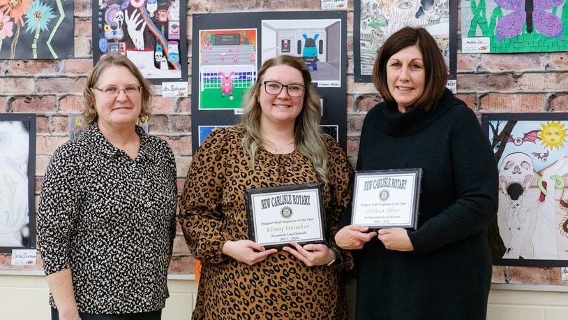 Melissa Elfers (right), officially titled as a librarian at Northwestern Local Schools, was recognized by the New Carlisle Rotary for her unwavering dedication and contributions to the school community; and Linay Honaker (middle), a Title One Aide at Tecumseh Local Schools, was honored for her exceptional dedication and service over the past six years by the New Carlisle Rotary. Contributed