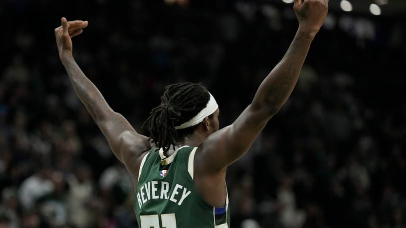 Milwaukee Bucks' Patrick Beverley reacts during the second half of Game 5 of an NBA basketball series against the Indiana Pacers Tuesday, April 30, 2024, in Milwaukee. The Bucks won 115-92. The Pacers lead the series 3-2. (AP Photo/Morry Gash)