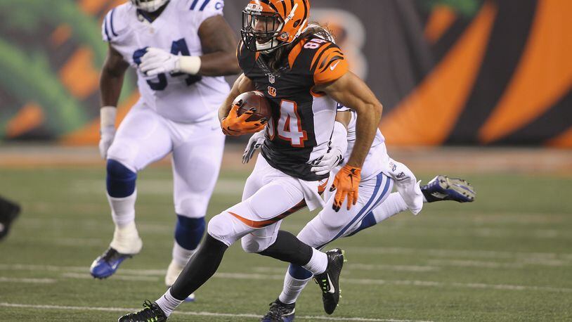 CINCINNATI, OH - SEPTEMBER 01: Jake Kumerow #84 of the Cincinnati Bengals runs the football upfield during the game against the Indianapolis Colts at Paul Brown Stadium on September 1, 2016 in Cincinnati, Ohio. The Colts defeated the Bengals 13-10. (Photo by John Grieshop/Getty Images)