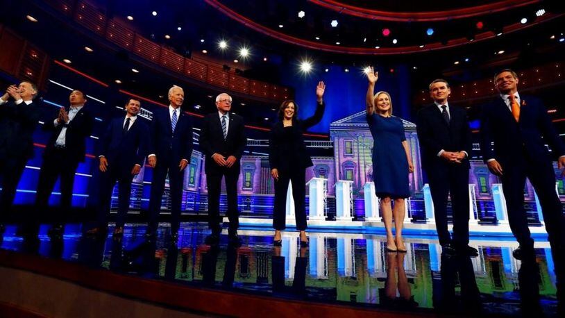 This June 27, 2019 file photo shows Democratic presidential candidates on the second night of the Democratic primary debate in Miami. The next debate is set for July 30 and 31 in Detroit.