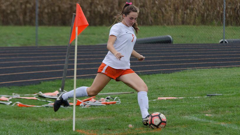 West Liberty-Salem’s Gabby Hollar (7) leads the Tigers with 34 goals this season. Contributed / Jim Hoffman