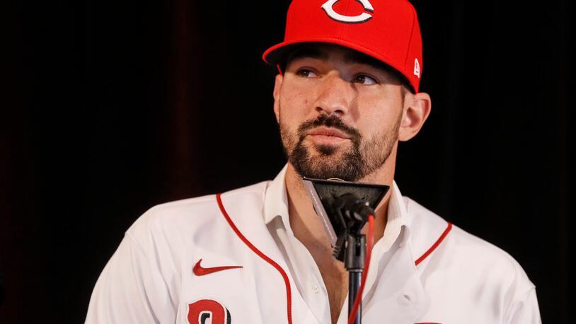Cincinnati Reds’ Nick Castellanos takes questions from reporters during a news conference, Tuesday, Jan. 28, 2020, in Cincinnati. Castellanos signed a $64 million, four-year deal with the baseball club. (AP Photo/John Minchillo)
