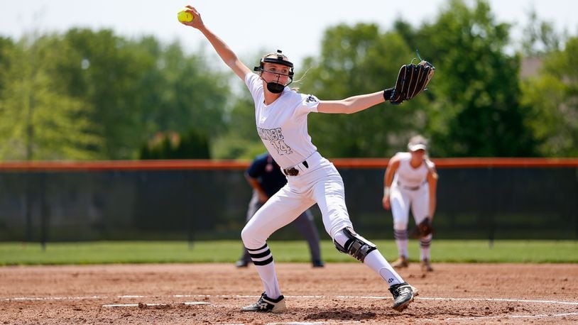 Cutline: Shawnee High School freshman Aleeseah Trimmer throws a pitch during their Division II district final game against Eaton on Friday afternoon at Arcanum High School. The Braves won 16-6 in six innings. CONTRIBUTED PHOTO BY MICHAEL COOPER
