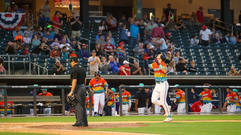 Seth Gray crosses home plate after hitting a home run for the Wichita Wind Surge during the 2023 season. Photo courtesy of Wind Surge
