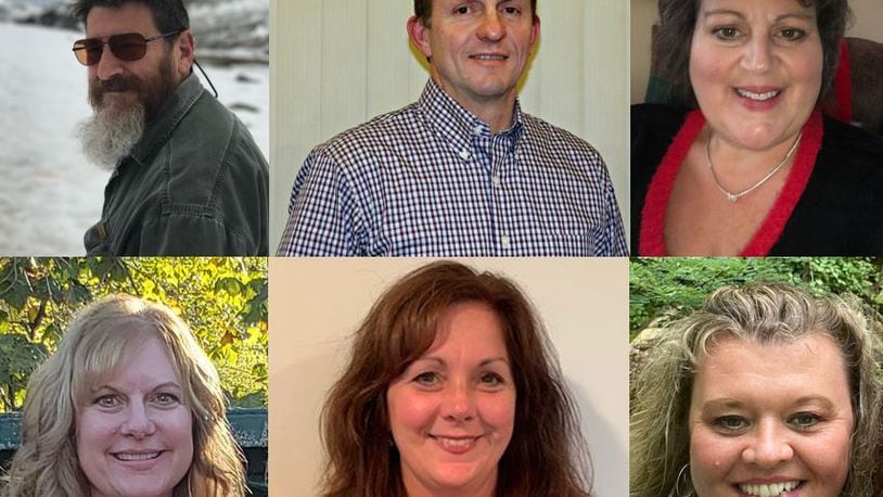 Six people are running for Greenon Local School District Board of Education: David Conover (top left), Keith Culp (top middle), Deena Hardy (top right), Stacey Hundley (bottom left), Jackie Potter (bottom middle), and Melissa Schrier (bottom right).