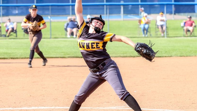 Shawnee sophomore pitcher Hannah Beers throws a pitch during a Division II district final game against Monroe on Saturday at Brookville High School. The Hornets won 4-0. CONTRIBUTED PHOTO BY MICHAEL COOPER