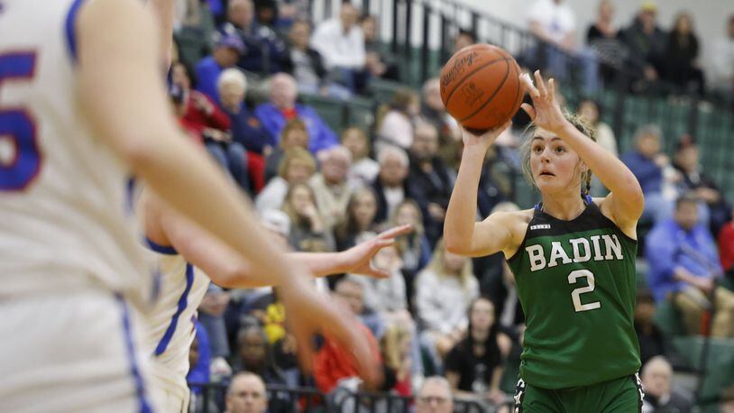 Badin's Braelyn Even puts up a shot during their 53-39 win over Carroll Patriots in their Division II District final basketball game Friday, Feb. 24, 2023 at Mason Middle . NICK GRAHAM/STAFF