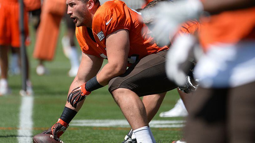 BEREA, OH - JULY 29, 2017: Center JC Tretter #64 of the Cleveland Browns takes part in a drill during a training camp practice on July 29, 2017 at the Cleveland Browns training facility in Berea, Ohio. (Photo by: 2017 Nick Cammett/Diamond Images/Getty Images)