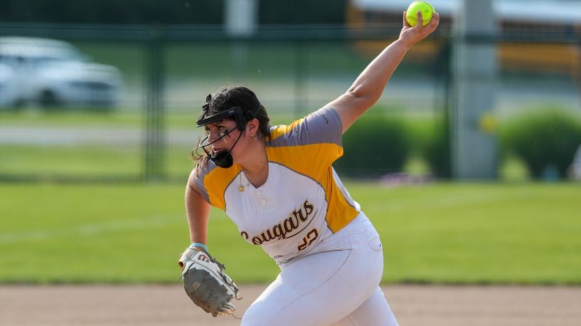 Kenton Ridge High School senior pitcher Kylie Ropp delivers the ball to the plate during their Division II regional semifinal game against Marengo Highland on Wednesday evening at Wright State University. The Cougars won 5-0. CONTRIBUTED PHOTO BY MICHAEL COOPER