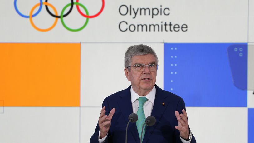 Thomas Bach, IOC President speaks at the International Olympic Committee launch of the Olympic AI Agenda at Lee Valley VeloPark, in London, Friday, April 19, 2024. They will be presenting the envisioned impact that artificial intelligence can deliver for sport, and how the IOC intends to lead on the global implementation of AI within sport. (AP Photo/Kirsty Wigglesworth)