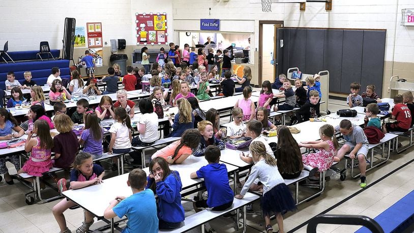 According to Enon Primary Principal Darrin Knapke, the school’s all purpose room, which acts as a gymnasium, caffeteria and meeting room can be a problem. Bill Lackey/Staff
