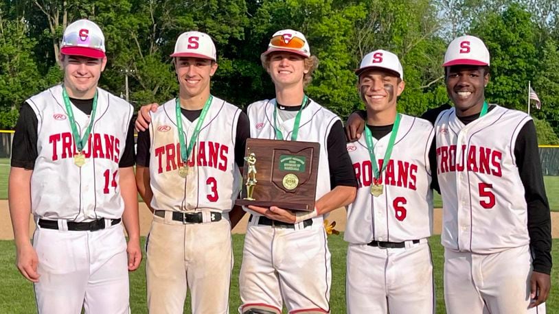 Cutline: The seniors on the Southeastern High School baseball team hoist the district championship trophy after beating Felicity-Franklin 16-0 on Wednesday evening at Versailles High School. MISSI SPEARS/CONTRIBUTED