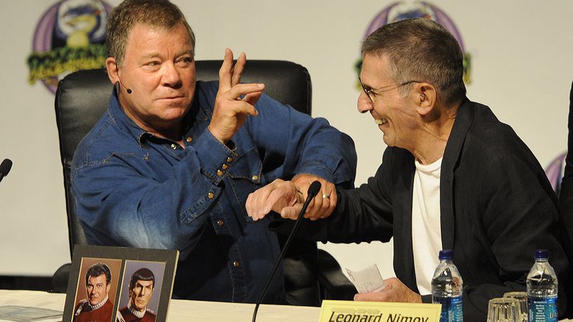 William Shatner and Leonard Nimoy joke with each other during the Dragon Con convention at the Hyatt in Atlanta on Sept. 4, 2009.