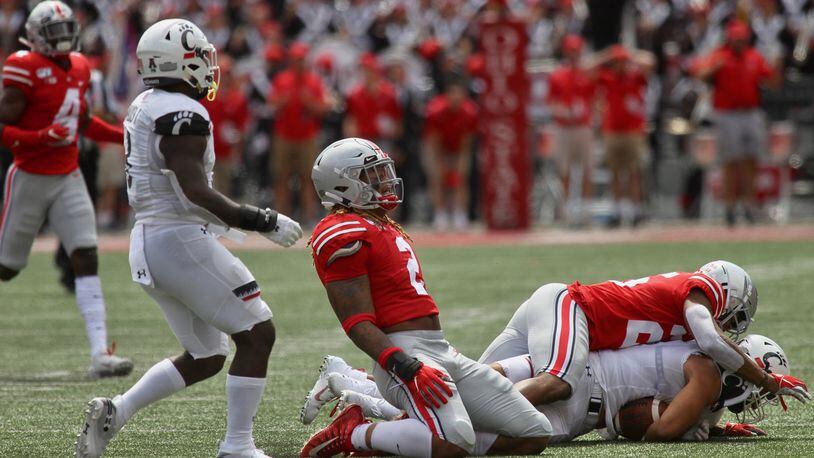 Ohio State’s Chase Young reacts after almost making an interception against Cincinnati on Saturday, Sept. 7, 2019, at Ohio Stadium in Columbus. David Jablonski/Staff