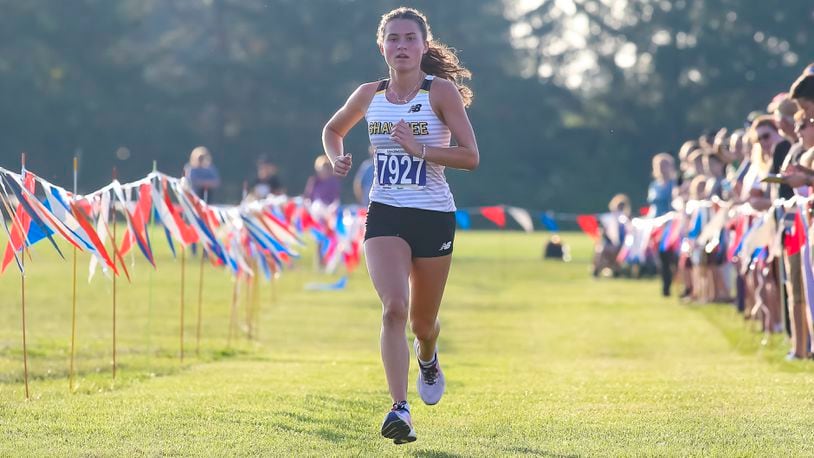 Shawnee High School senior Audrey DeSantis runs to the finish line during the Clark County cross country championship earlier this season at Northwestern High School. CONTRIBUTED PHOTO BY MICHAEL COOPER