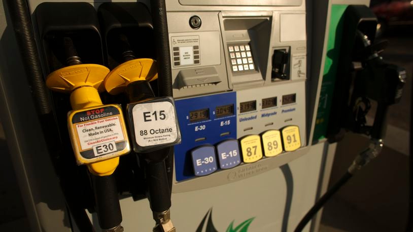 An E15 nozzle is displayed on a pum at service station in Minneapolis, Monday, Oct. 28, 2013 photo. The Environmental Protection Agency cleared the way Friday, April 19, 2024, for E15, a higher blend of ethanol, to be sold nationwide for the third summer in a row. Gasoline with 10% ethanol is already sold nationwide, but the higher blend has been prohibited in the summer because of concerns it could worsen smog during warm weather. (Jeff Wheeler/Star Tribune via AP, File)