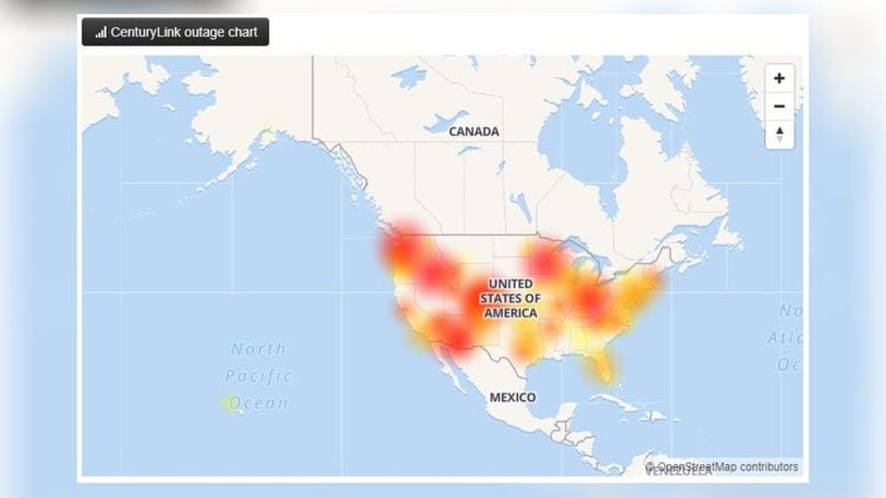CenturyLink Outage Map (Courtesy/downdetector.com)