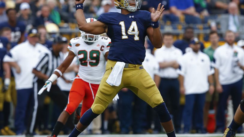 Former Notre Dame quarterback DeShone Kizer drops back to pass during an October 19, 2016 game against Miami  at Notre Dame Stadium.